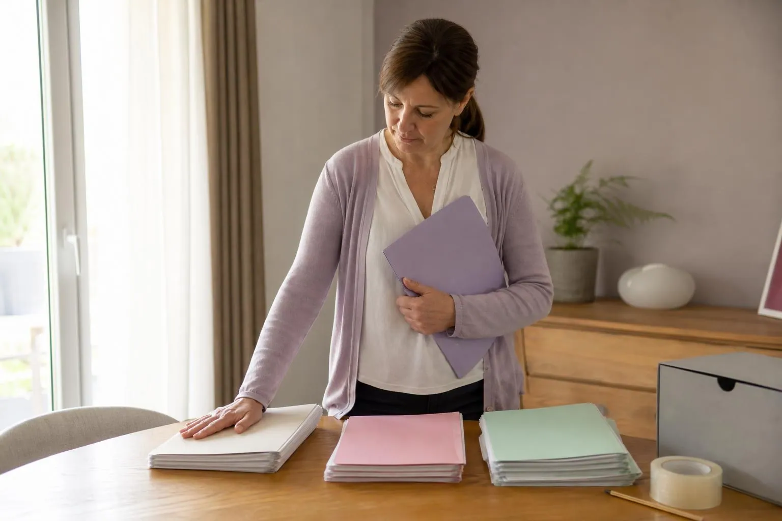 Femme d’une cinquantaine d’années debout devant une table de salle à manger claire où des chemises cartonnées ouvertes forment trois piles de documents distinctes