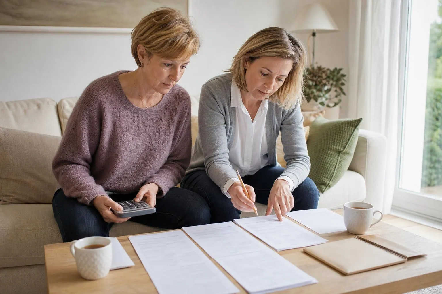 Deux femmes assises côte à côte sur un canapé clair devant une table basse couverte de relevés papier, l’une tenant une calculatrice et l’autre annotant une feuille