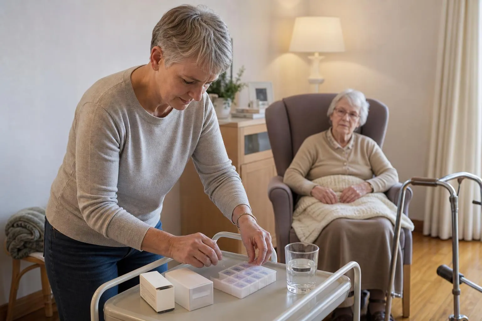 Femme d’une cinquantaine d’années disposant un pilulier semainier et des boîtes de médicaments sur une desserte, près d’un fauteuil où sa mère âgée est installée