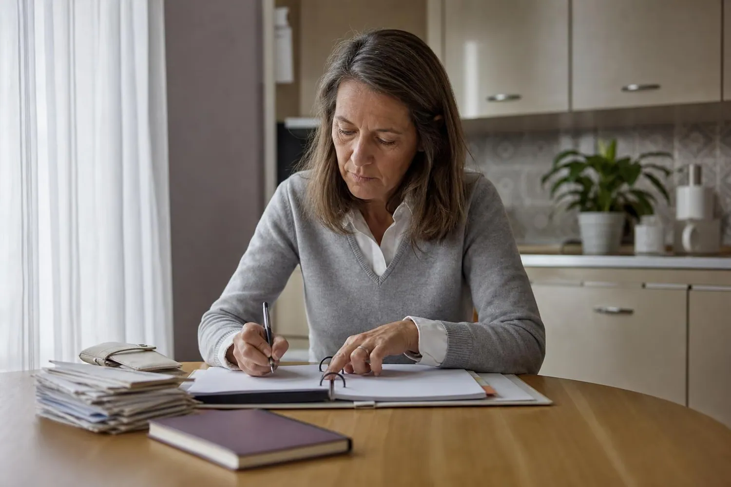 Femme d’une cinquantaine d’années assise à une table de cuisine, un classeur de documents administratifs ouvert devant elle, prenant des notes au crayon dans la lumière de fin d’après midi